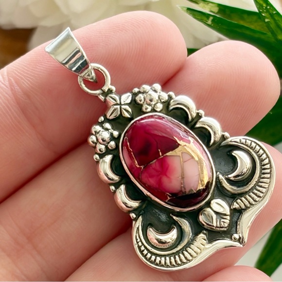 Pure Sterling Silver 925 Genuine Red Rose Dahlia Turquoise Pendant Navajo Style - Picture 3 of 11